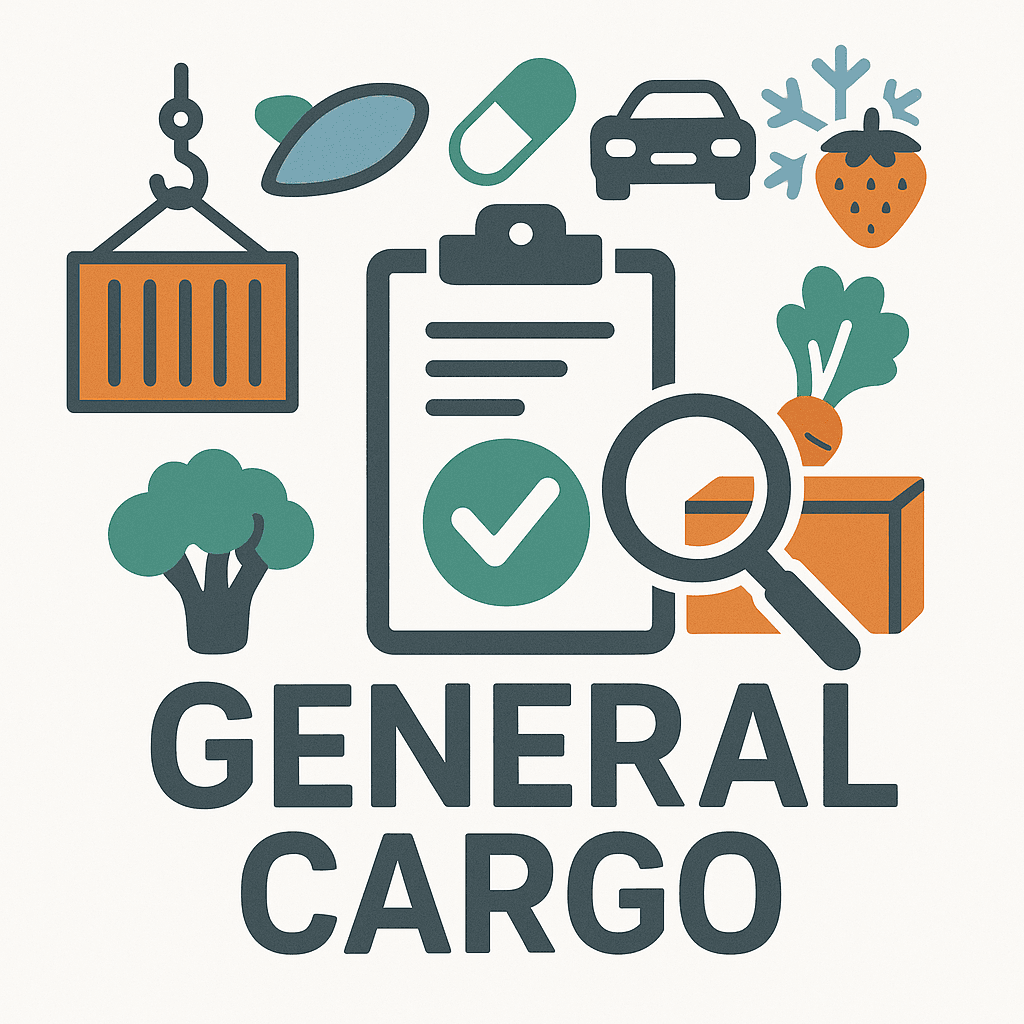 Illustration of shipping and logistics items like containers and a checklist labeled General Cargo with various icons.